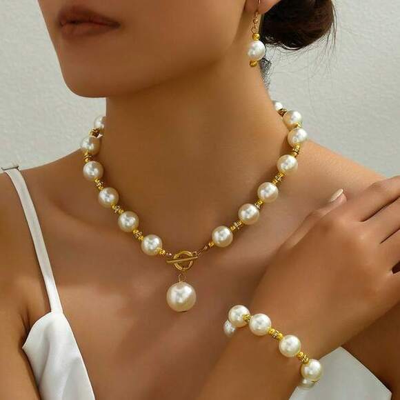 Jewelry - Vintage Imitation Pearl Earrings Bracelet Necklace Set For Simple Fas Gift